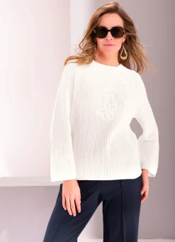 New B/ANCA Pullover mit Blütenstickerei WEISS