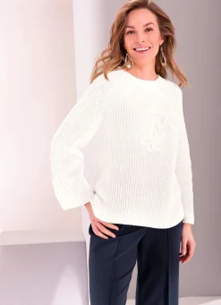 New B/ANCA Pullover mit Blütenstickerei WEISS