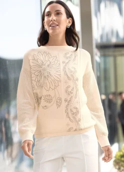 Outlet Tizia Pullover mit floraler Strasszier CREME