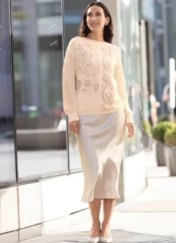 Outlet Tizia Pullover mit floraler Strasszier CREME