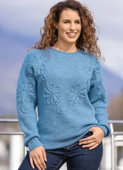 Best BADER Pullover mit floraler Strickbandzier JEANSBLAU MELIERT
