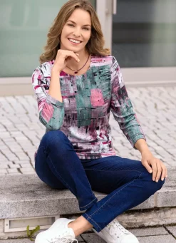 Outlet KLAUS MODELLE MADE IN GERMANY Pullover mit grafischem Dessin ROSA-PETROL-MULTICOLOR