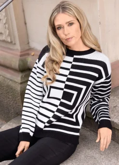 Best Tizia Pullover mit grafischem Jacquard in Kontrast SCHWARZ-ECRU