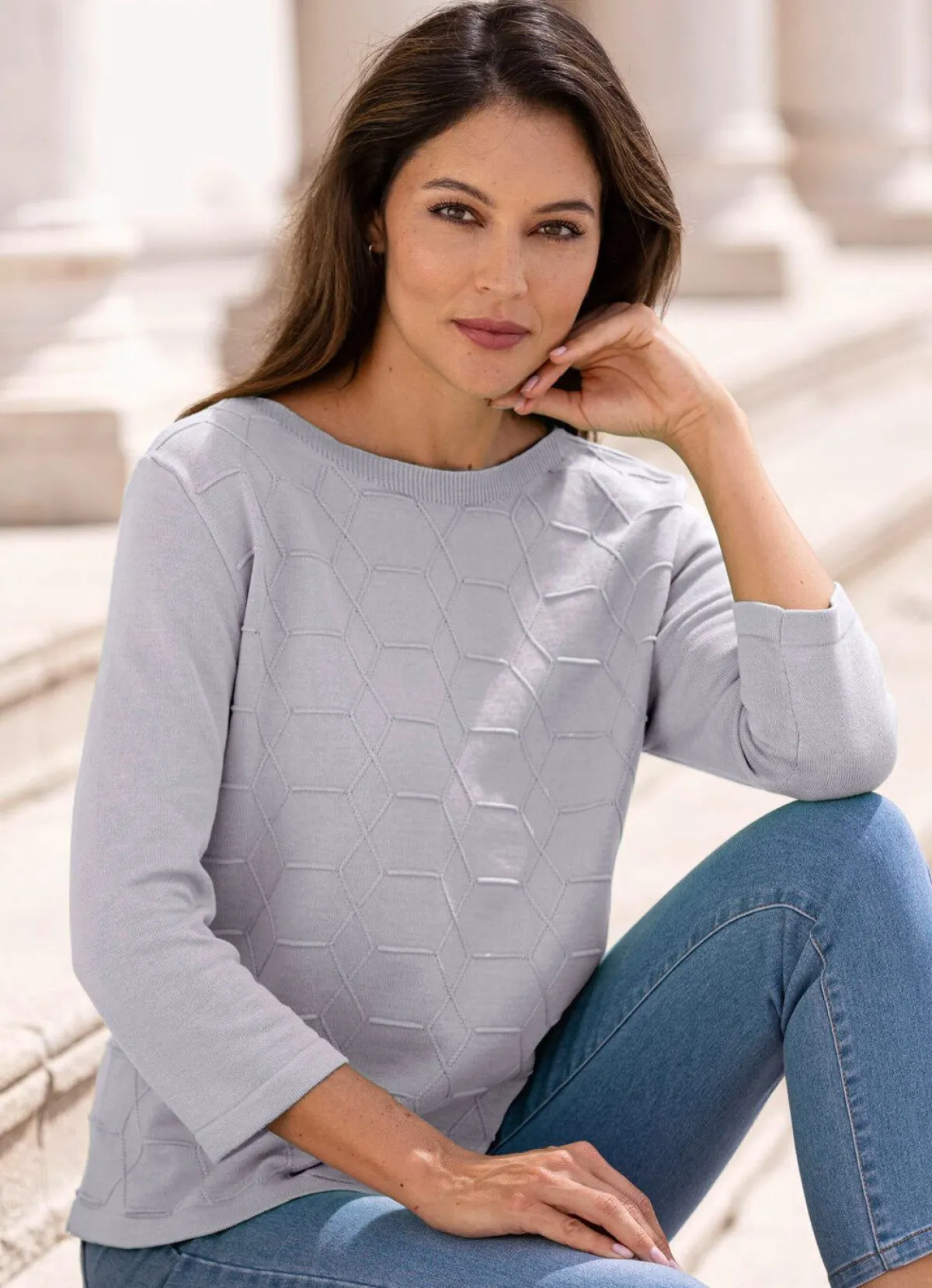 BADER Pullover mit grafischer Struktur GRAU MELIERT