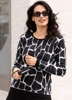 Hot BADER Pullover mit haarigem Flausch-Effektgarn SCHWARZ-ECRU