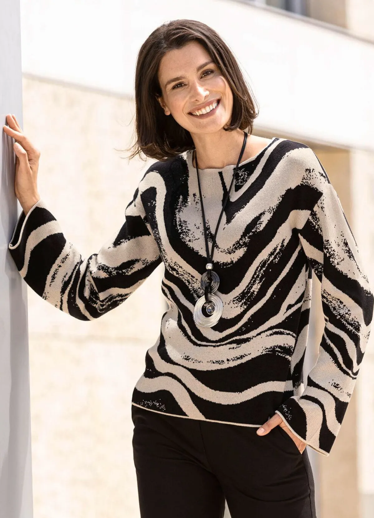 BADER Pullover mit Jacquard-Dessin SCHWARZ-BEIGE