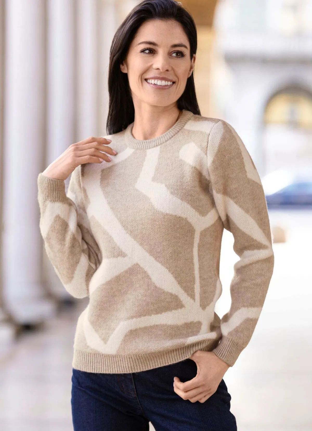 Hot BADER Pullover mit Jacquardmuster BEIGE-WOLLWEISS