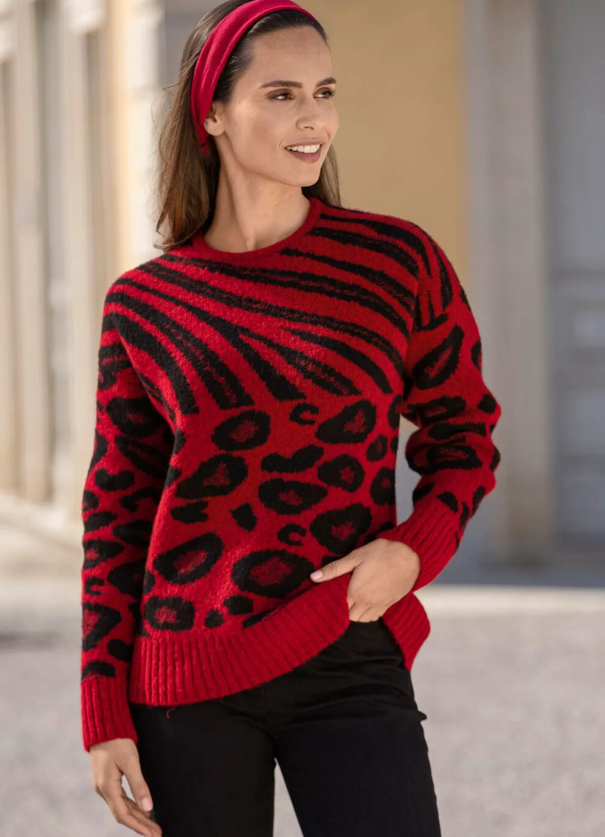 Clearance BADER Pullover mit Jacquardmuster ROT-SCHWARZ