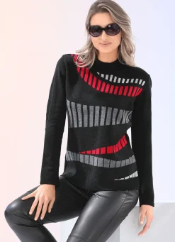 BADER Pullover mit Jacquard-Vorderteil SCHWARZ-ROT-GRAU