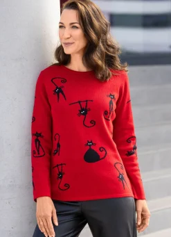 Best BADER Pullover mit Katzenmotiven ROT-SCHWARZ