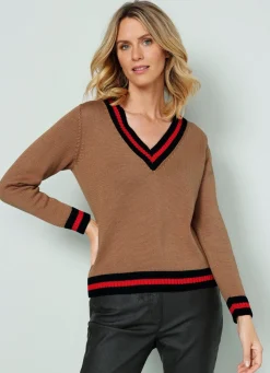 Discount BADER Pullover mit Kontrastringeln CAMEL-KORALLE-SCHWARZ