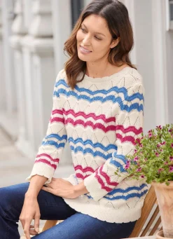 BADER Pullover mit Mustermix im Ringeldessin ECRU-JEANSBLAU-MAGENTA