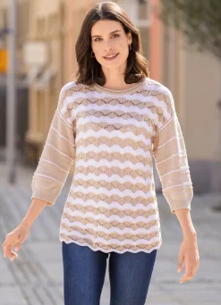 BADER Pullover mit Ringeldessin und Wellenoptik BEIGE-WEISS