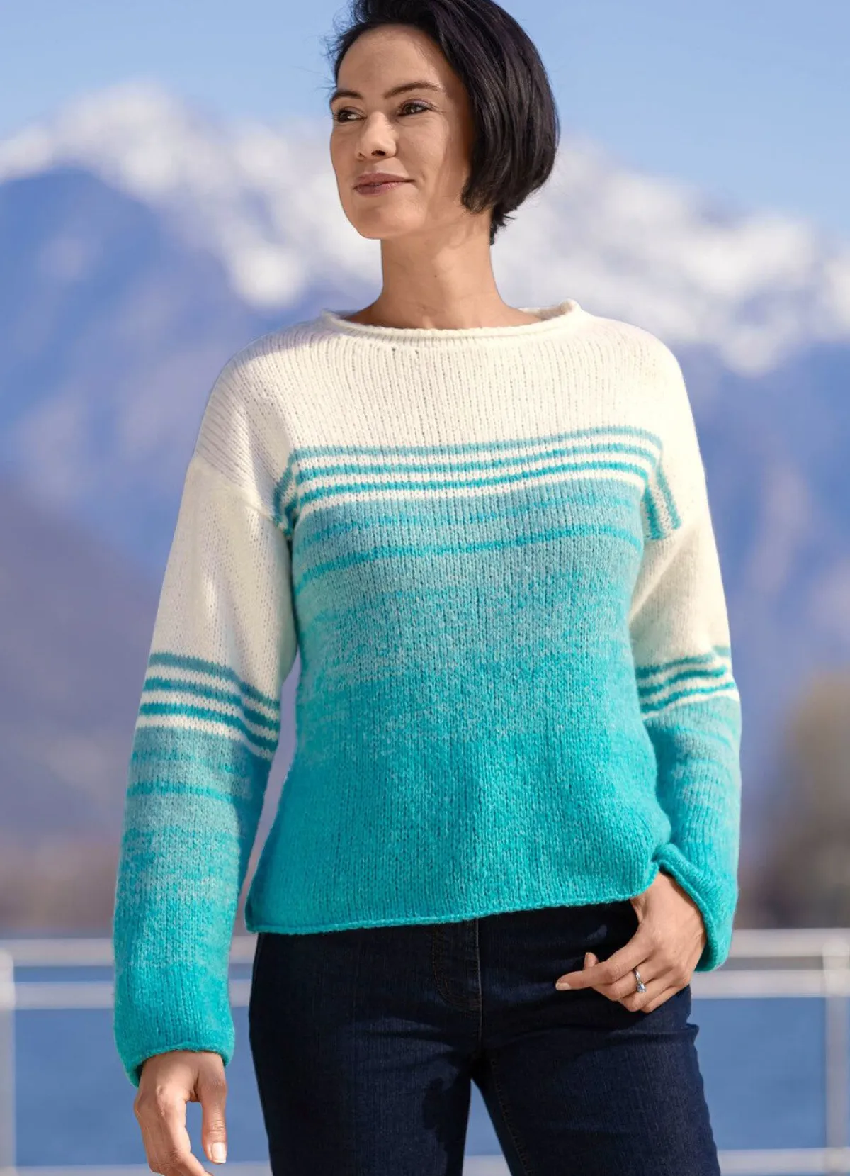 Hot BADER Pullover mit Ringelmuster ECRU-TÜRKIS MELIERT