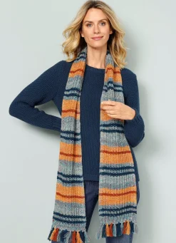 Best BADER Pullover mit Schal in Grobstrick PETROL-COGNAC-MINT