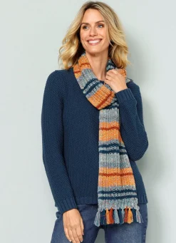 Best BADER Pullover mit Schal in Grobstrick PETROL-COGNAC-MINT
