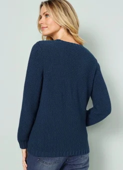 Best BADER Pullover mit Schal in Grobstrick PETROL-COGNAC-MINT