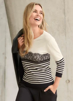 Online Tizia Pullover mit Spitzenbesatz ECRU-SCHWARZ