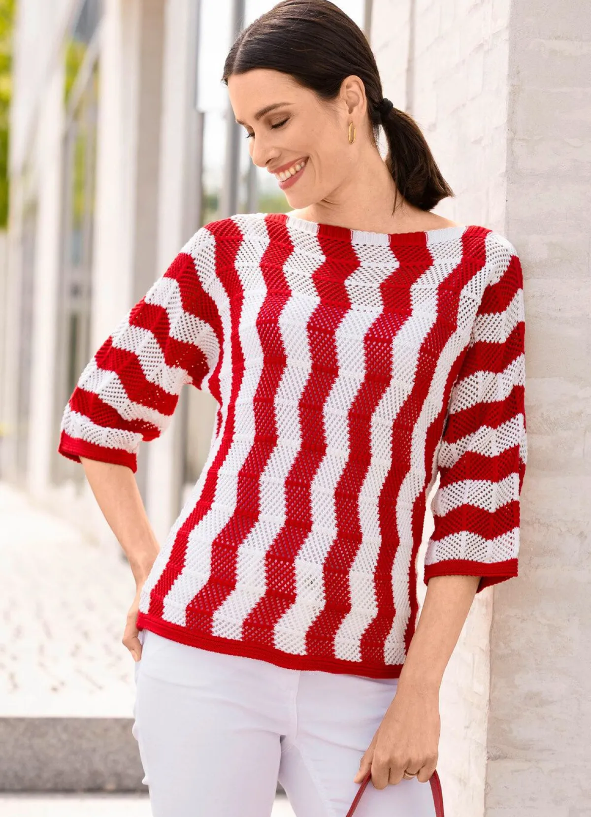 BADER Pullover mit streckendem Wellendessin ROT-WEISS