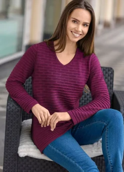 Hot BADER Pullover mit Strukturstreifen BORDEAUX-BROMBEERE