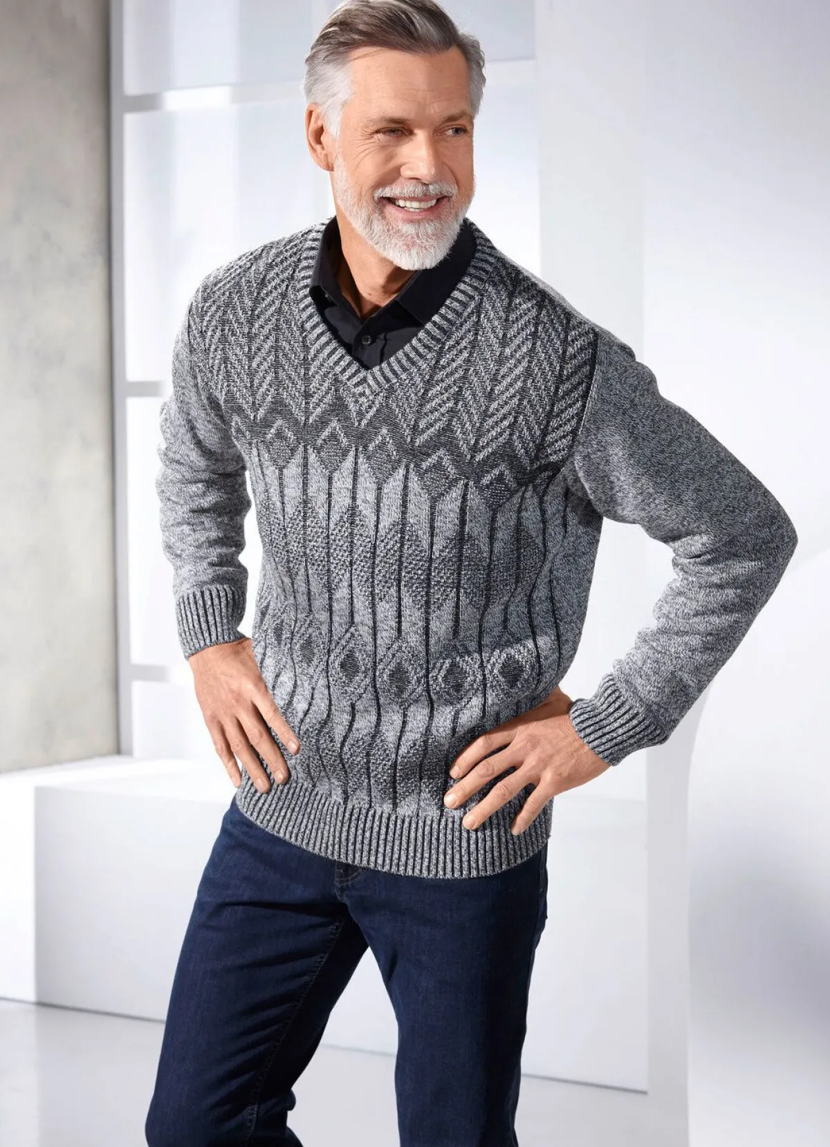 Outlet BADER Pullover mit V-Ausschnitt in 2 Farben GRAU MELIERT