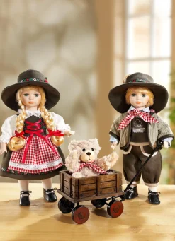 Outlet BADER Puppenpaar mit Teddybär im Bollerwagen, 3er-Set BRAUN-ROT