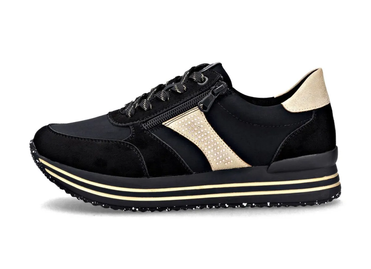 Clearance Remonte , trendige Damen-Sneaker, Weite G, mit herausnehmbarem Fußbett SCHWARZ-GOLD