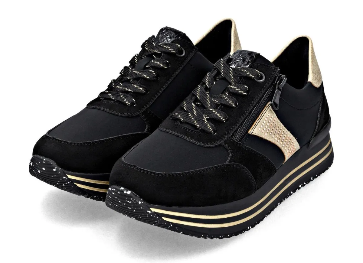 Clearance Remonte , trendige Damen-Sneaker, Weite G, mit herausnehmbarem Fußbett SCHWARZ-GOLD