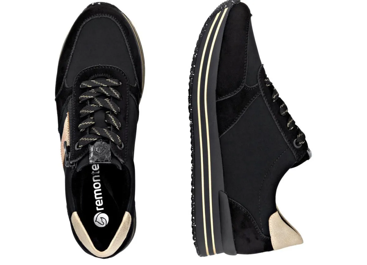 Clearance Remonte , trendige Damen-Sneaker, Weite G, mit herausnehmbarem Fußbett SCHWARZ-GOLD