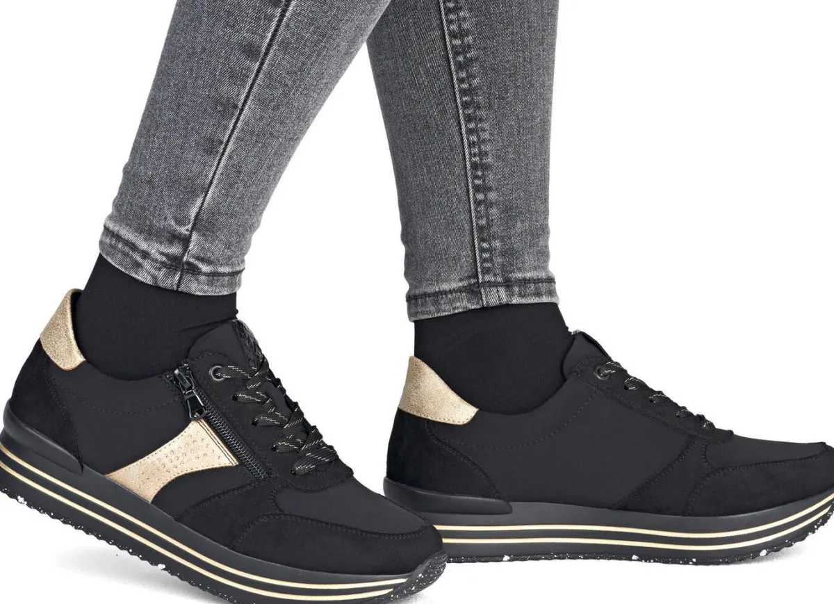 Clearance Remonte , trendige Damen-Sneaker, Weite G, mit herausnehmbarem Fußbett SCHWARZ-GOLD