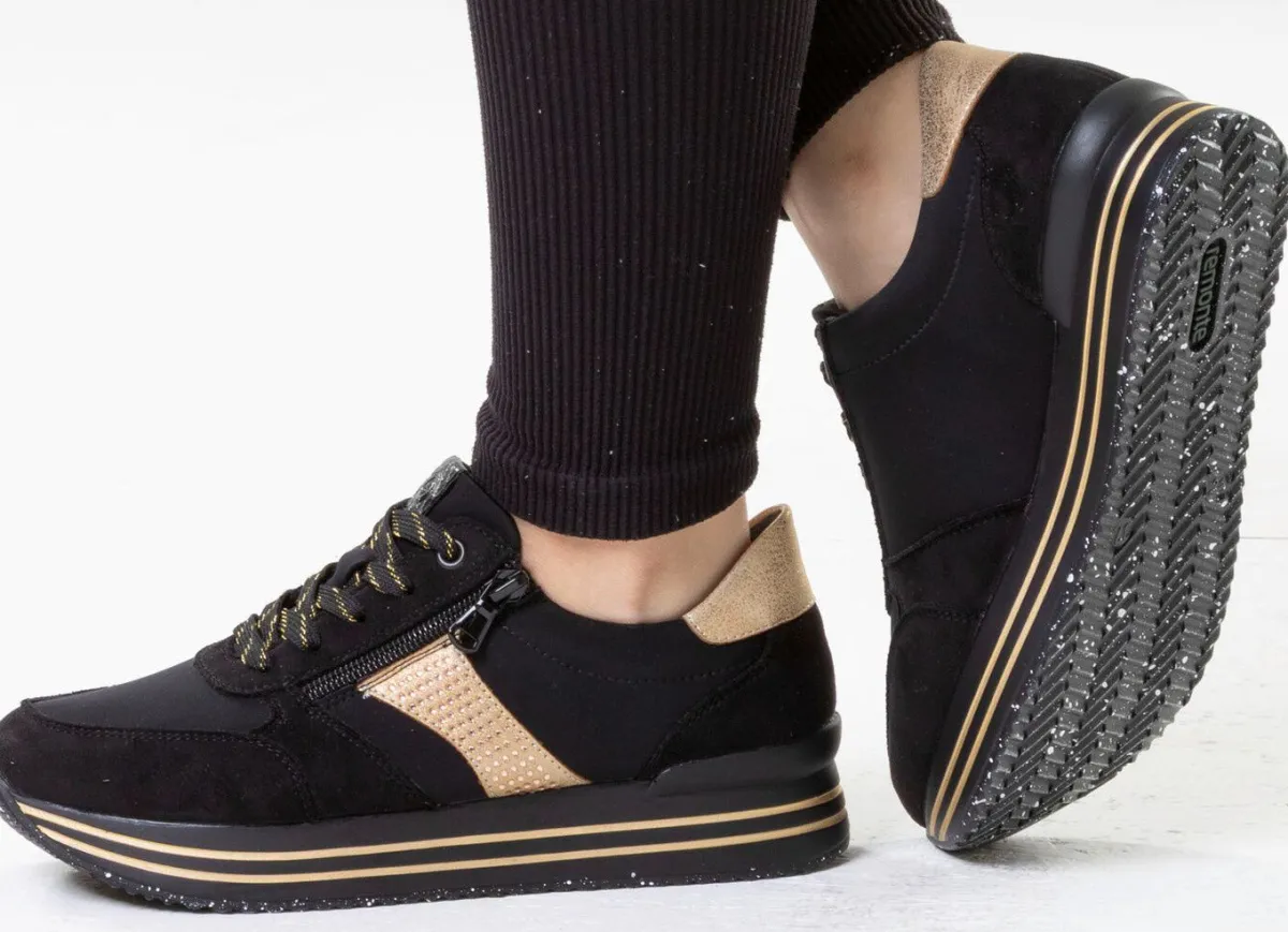 Clearance Remonte , trendige Damen-Sneaker, Weite G, mit herausnehmbarem Fußbett SCHWARZ-GOLD