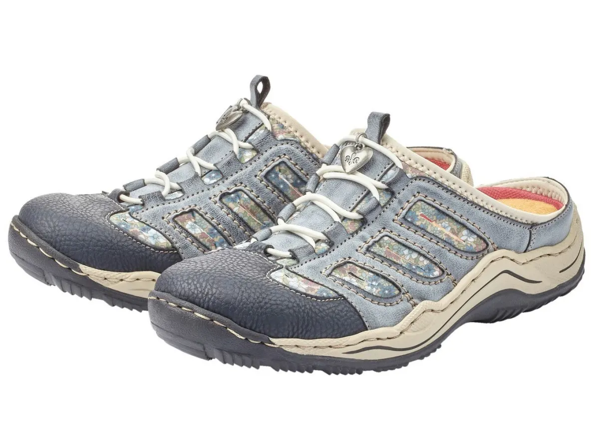 Outlet Rieker , klassische Damen-Clogs, mit Elastik-Zierschnürung JEANS-BEIGE