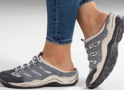 Outlet Rieker , klassische Damen-Clogs, mit Elastik-Zierschnürung JEANS-BEIGE