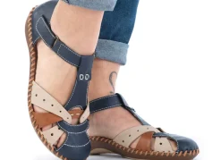 Outlet Rieker , leichte Damen-Sandalen, Weite G, mit Klettverschluss MARINE-BEIGE-COGNAC