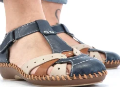 Outlet Rieker , leichte Damen-Sandalen, Weite G, mit Klettverschluss MARINE-BEIGE-COGNAC