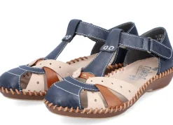 Outlet Rieker , leichte Damen-Sandalen, Weite G, mit Klettverschluss MARINE-BEIGE-COGNAC