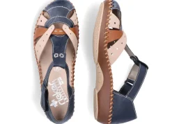 Outlet Rieker , leichte Damen-Sandalen, Weite G, mit Klettverschluss MARINE-BEIGE-COGNAC