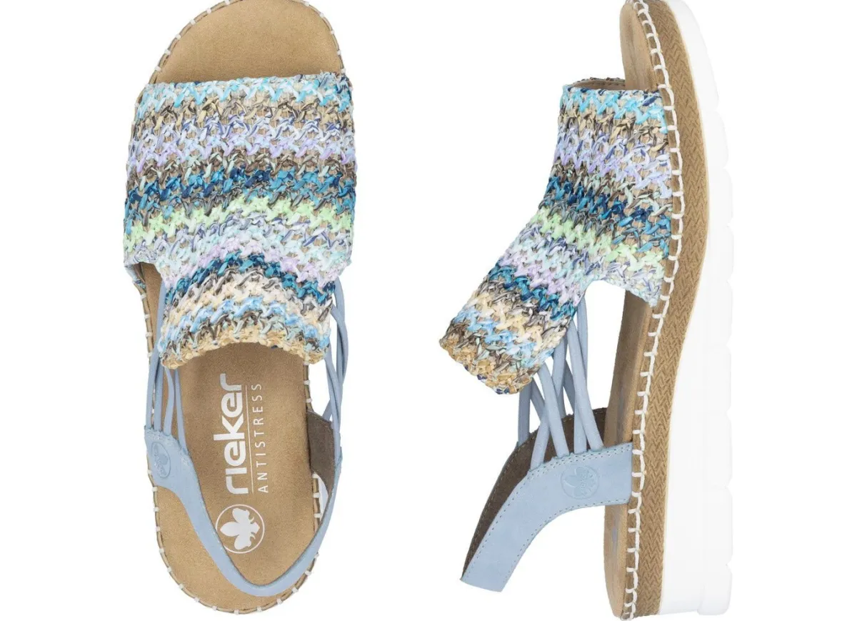 Hot Rieker , sommerliche Damen-Sandalen, mit seitlichen Elastik-Bandagen HELLBLAU-BUNT