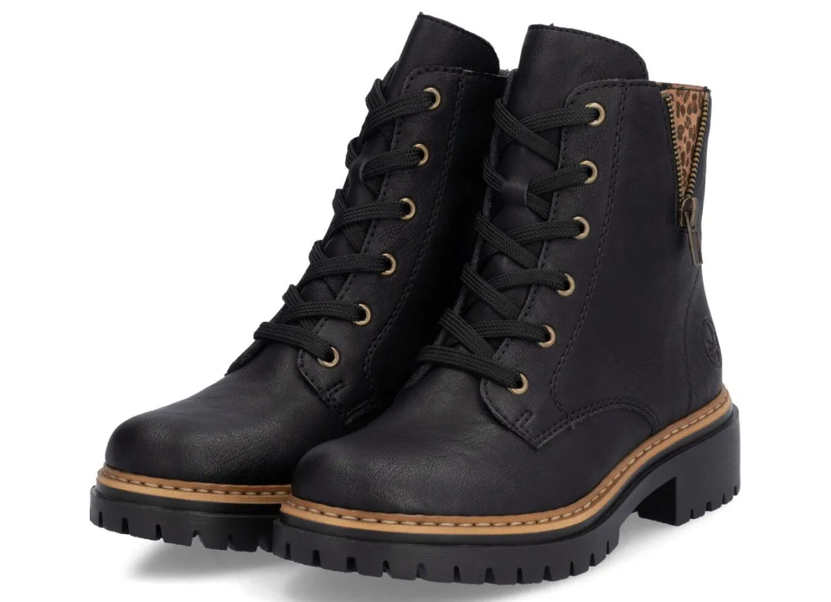 Outlet BADER Rieker, trendige Damen-Stiefeletten, Winterschuhe, mit Reißverschluss SCHWARZ-BRAUN