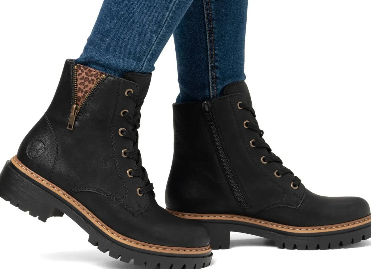 Outlet BADER Rieker, trendige Damen-Stiefeletten, Winterschuhe, mit Reißverschluss SCHWARZ-BRAUN