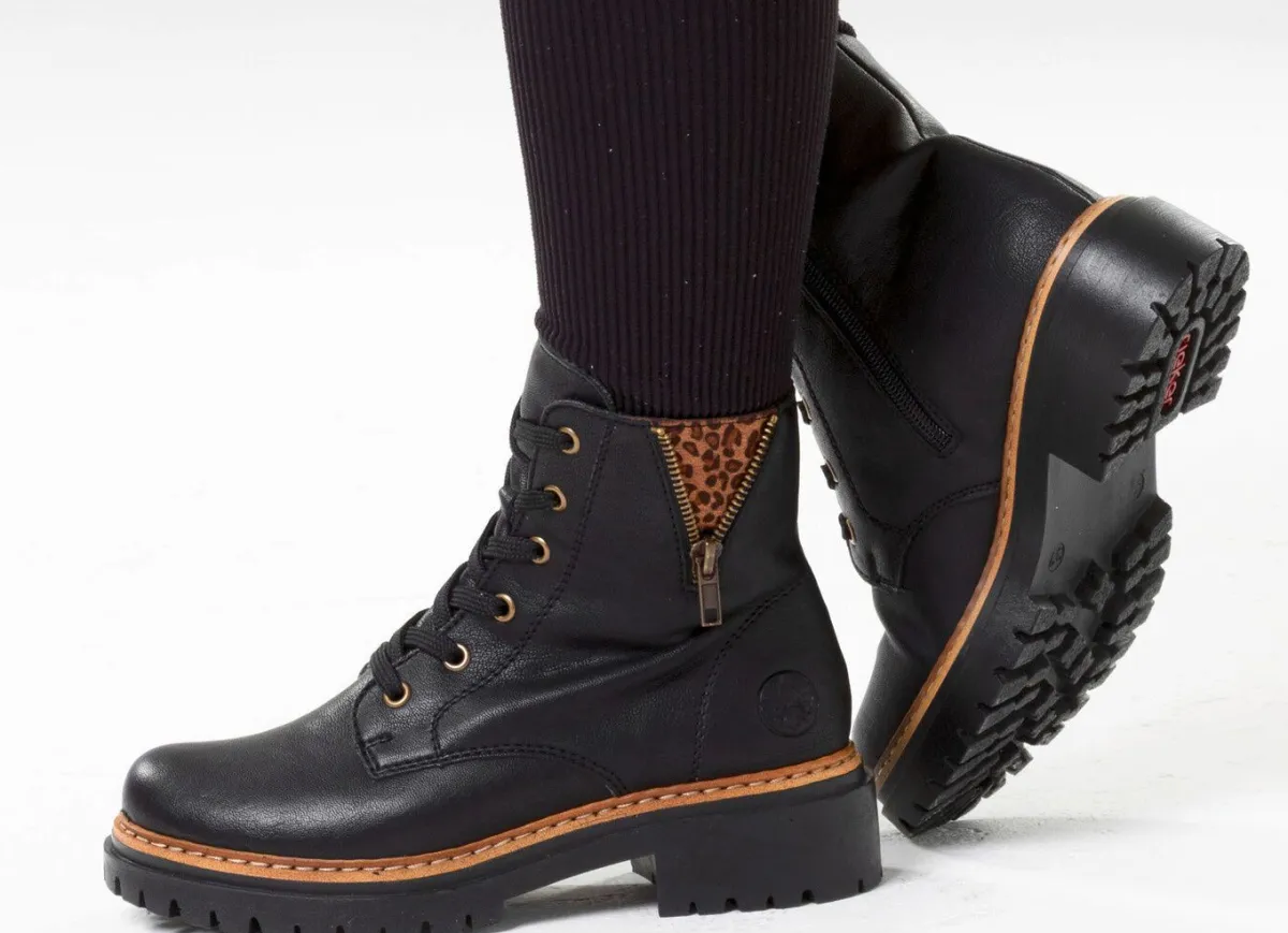Outlet BADER Rieker, trendige Damen-Stiefeletten, Winterschuhe, mit Reißverschluss SCHWARZ-BRAUN