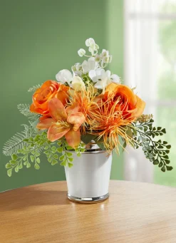 BADER Rosen-/Lilien-Arrangement in weißem Keramiktopf ORANGE-GRÜN