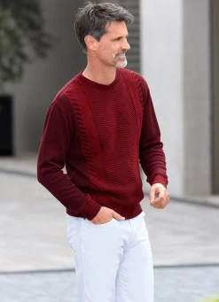 New BADER Rundhalspullover mit Strukturdessin in 2 Farben BORDEAUX-ROT MELIERT