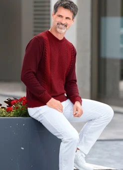 New BADER Rundhalspullover mit Strukturdessin in 2 Farben BORDEAUX-ROT MELIERT