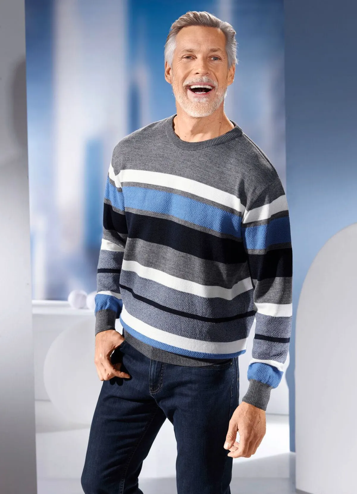 Discount BADER Rundhalspullover mit Strukturmix allover GRAU-MARINE-BLEU-ECRU