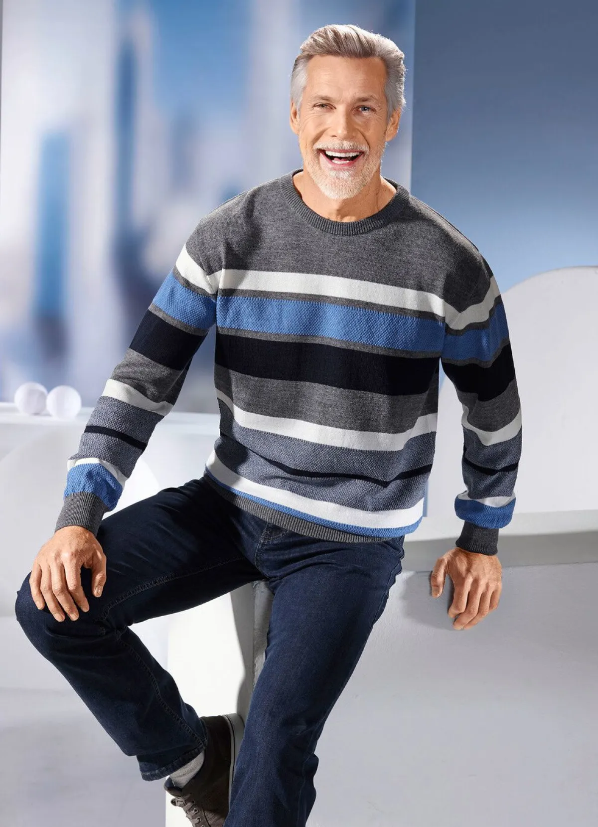 Discount BADER Rundhalspullover mit Strukturmix allover GRAU-MARINE-BLEU-ECRU