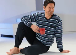Hot BADER Schlafanzug aus Frottierstretch mit Bündchenabschlüssen, V-Ausschnitt und garngefärbtem Ringeldessin JEANSBLAU-NAVY