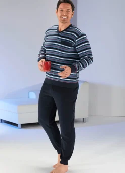 Hot BADER Schlafanzug aus Frottierstretch mit Bündchenabschlüssen, V-Ausschnitt und garngefärbtem Ringeldessin JEANSBLAU-NAVY