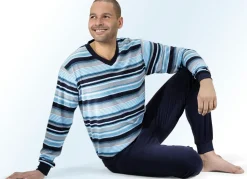 New BADER Schlafanzug aus Frottierstretch mit Bündchenabschlüssen, V-Ausschnitt und garngefärbtem Ringeldessin MARINE-TÜRKIS