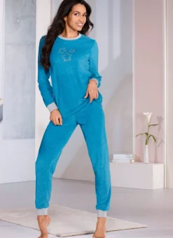 Sale BADER Schlafanzug aus Frottierstretch mit Strasssteinchen und Bündchen PETROL-GRAU